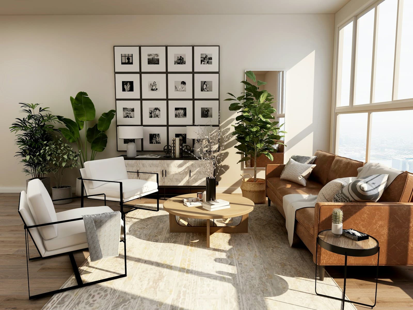 A bright living room with natural light, comfortable seating and green plants